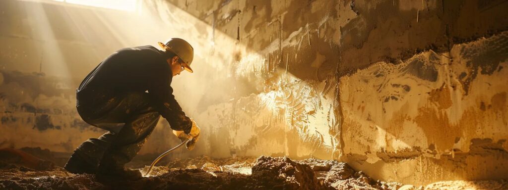 a professional technician meticulously seals a freshly excavated basement wall, surrounded by rich earth tones and dramatic shadows, illuminated by soft, diffused daylight streaming through a nearby window, emphasizing the transformative process of basement waterproofing in dayton.