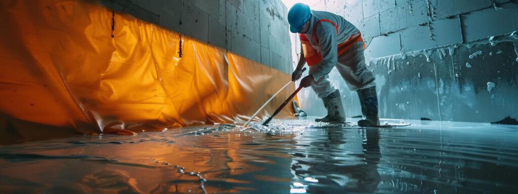 a skilled contractor expertly applies a waterproofing membrane to a freshly excavated basement wall, showcasing the transformative process of professional basement waterproofing under bright, natural light.