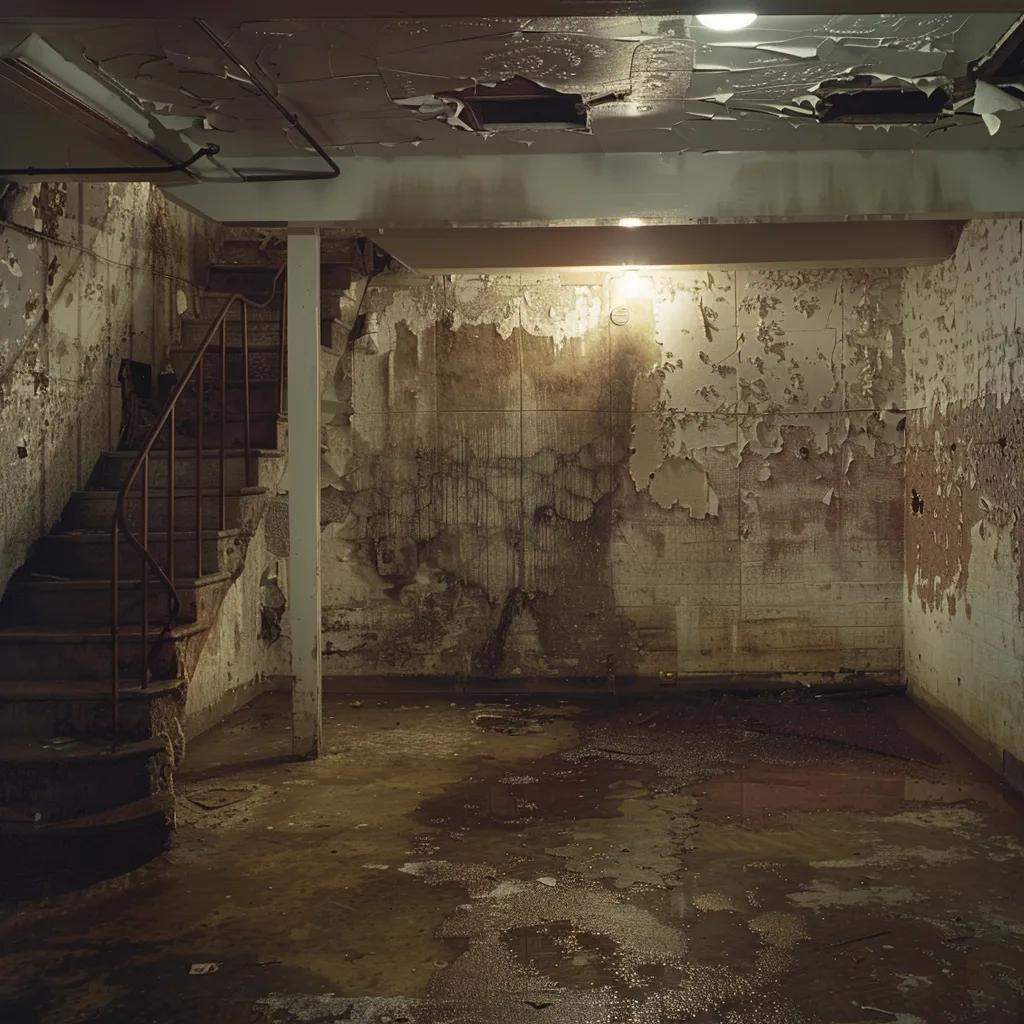 a stark, illuminated basement interior reveals prominent signs of water damage on the walls and floor, with peeling paint and warped structural elements highlighting the urgent need for waterproofing solutions.