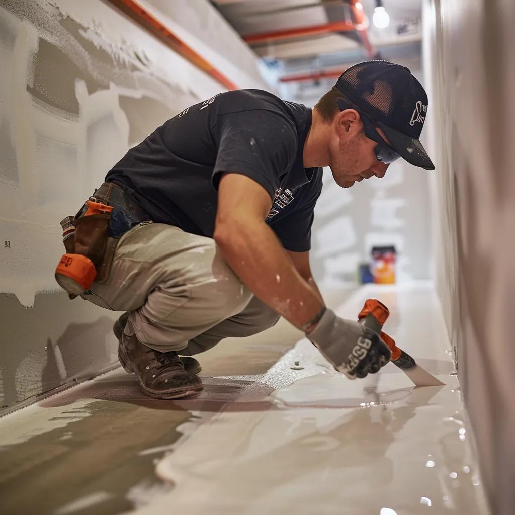 a professional contractor meticulously applies a seamless waterproof sealant within a modern, well-lit basement, showcasing tools and equipment that highlight the thorough process of basement sealing and mold prevention.
