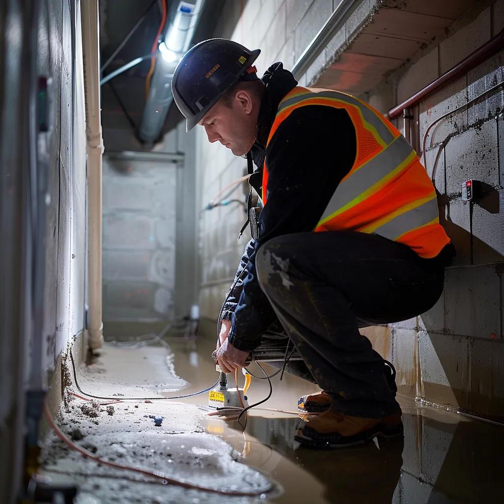 a professional inspector meticulously examines a basement's foundation, surrounded by high-tech sealing equipment and clear indicators of previous water entry points, enhancing the sense of thoroughness in effective waterproofing techniques.