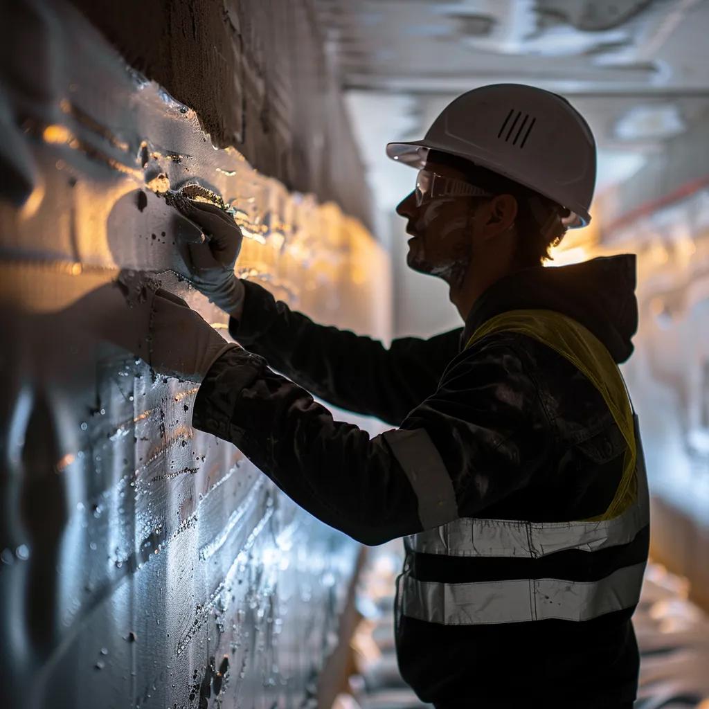 a professionally equipped technician in a modern, well-lit basement carefully applies advanced sealing materials to walls, showcasing the intricate process of waterproofing against water intrusion.