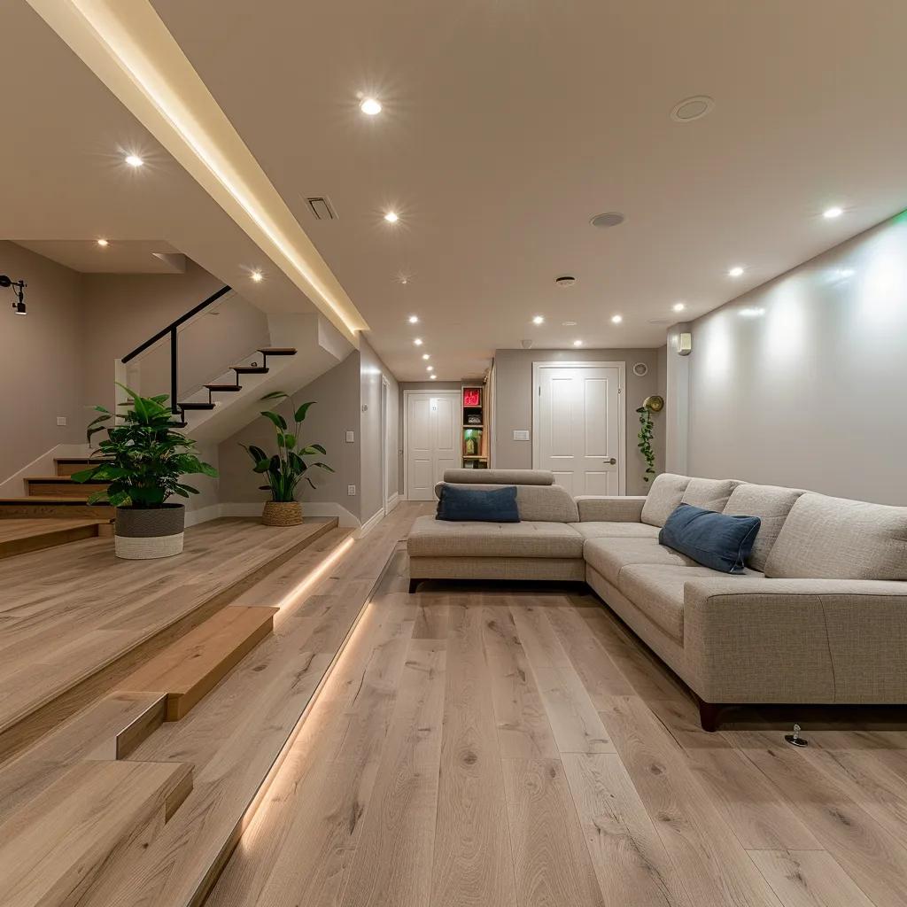 a sleek, modern basement showcasing a freshly sealed, pristine floor with visible water-resistant barriers, highlighting the enhanced air quality and inviting ambiance that elevates property value.