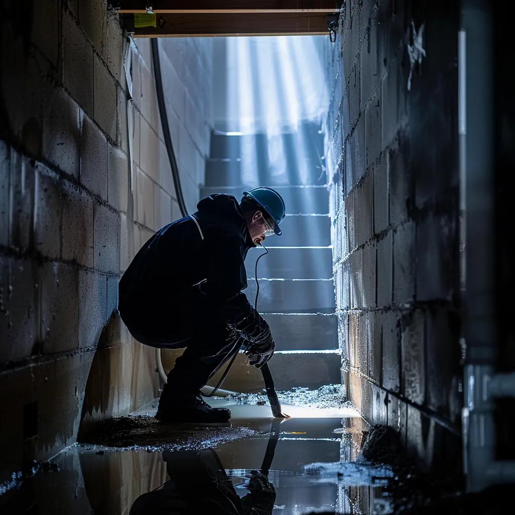 an expert technician inspecting a freshly sealed basement in a contemporary dayton home, surrounded by specialized waterproofing equipment and showcasing the importance of local expertise in tailored solutions.