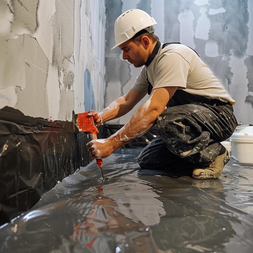 A professional expertly applying waterproofing solutions in a Dayton basement, demonstrating effective moisture control methods