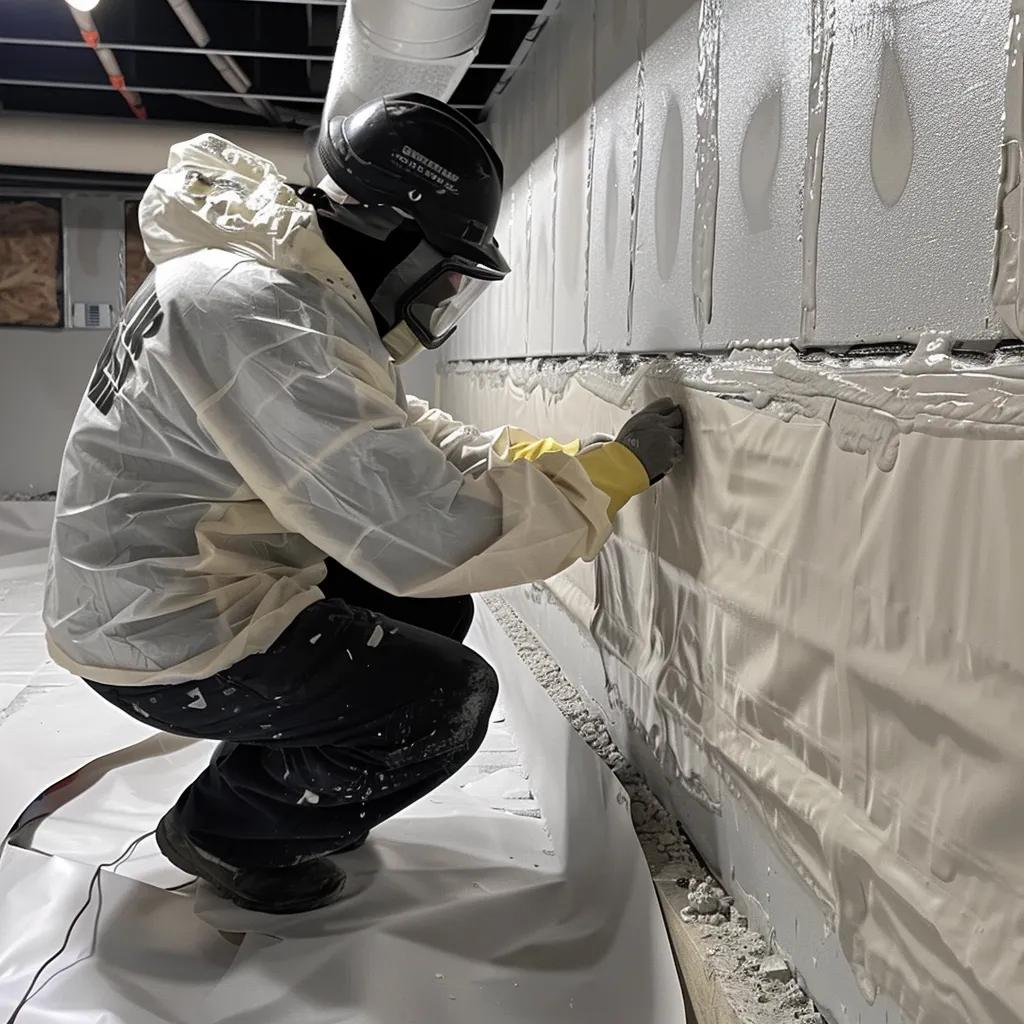 Technician applying interior basement sealing to prevent water intrusion