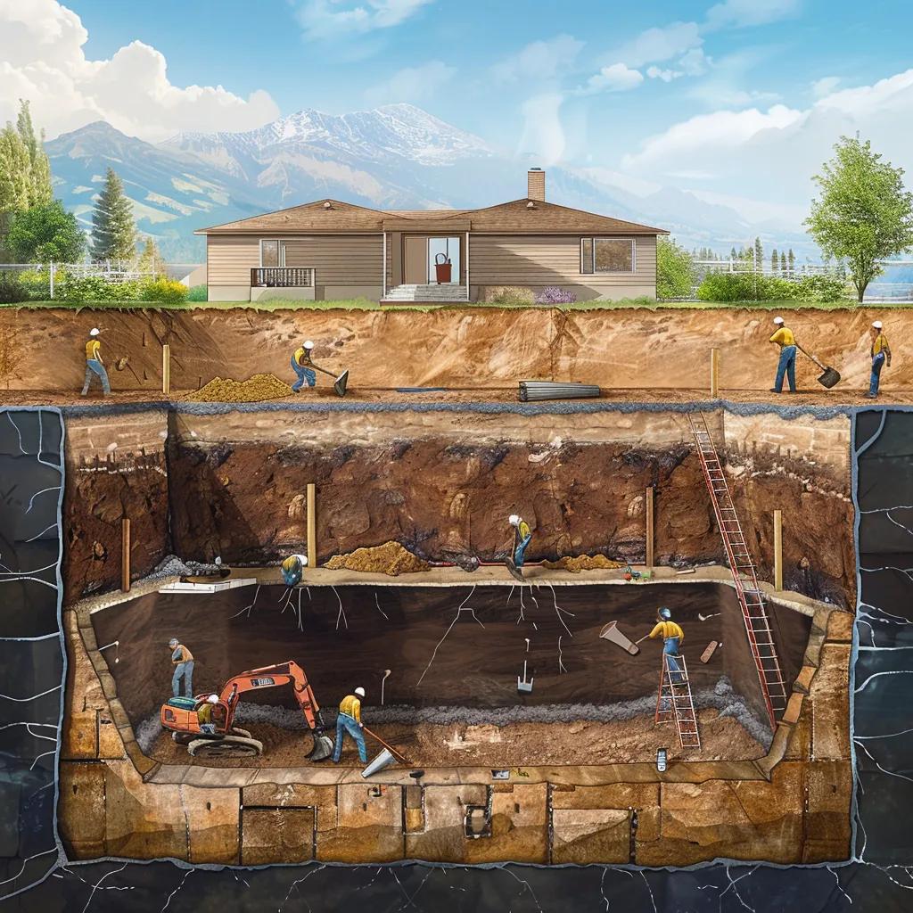 Workers installing exterior waterproofing solutions on a foundation in Dayton