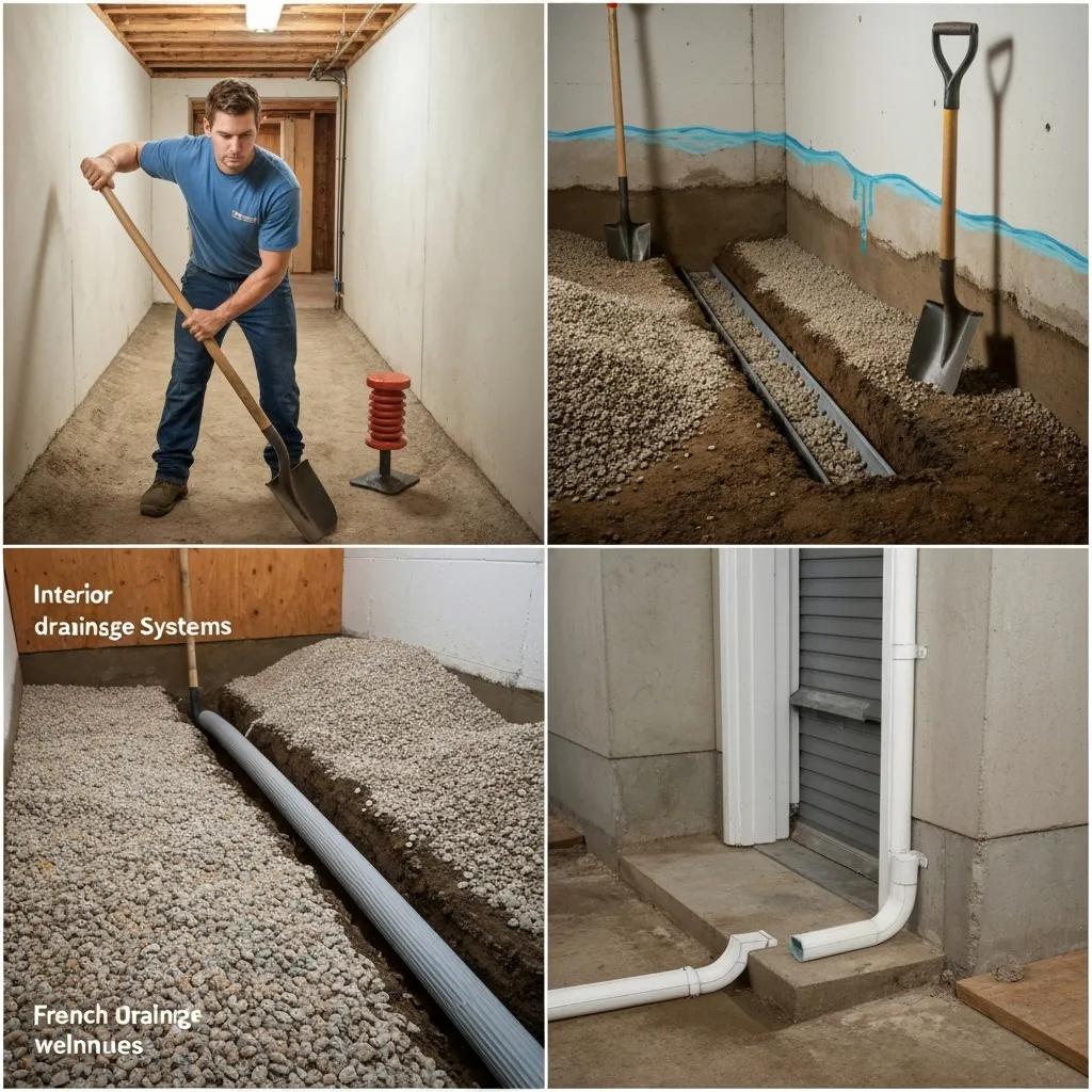 A technician expertly installing interior drainage systems as part of basement waterproofing solutions