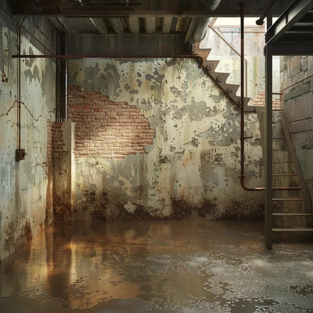 Basement showing moisture problems with damp walls and efflorescence, highlighting the need for waterproofing solutions