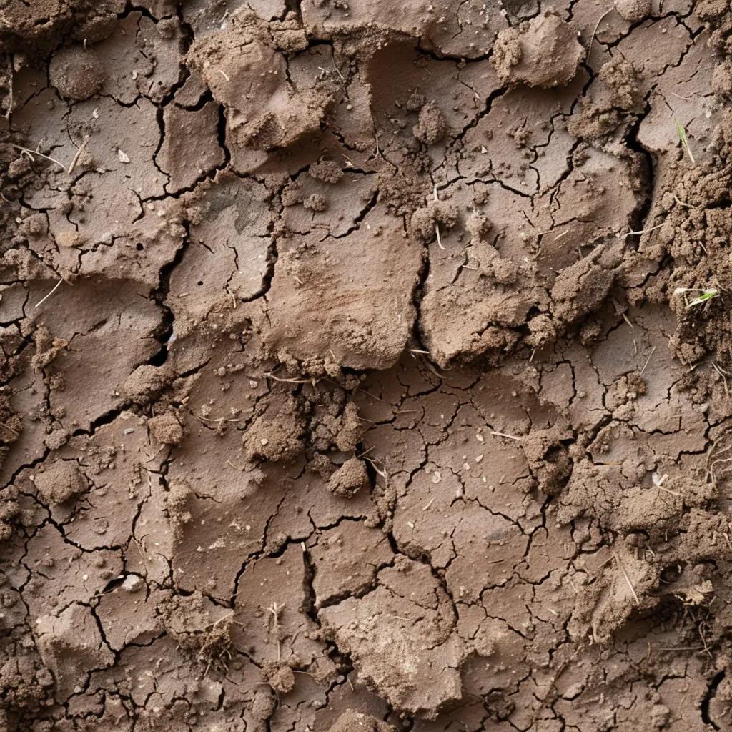 A close-up view of clay-rich soil, highlighting its moisture content and expansive properties that directly impact basement moisture