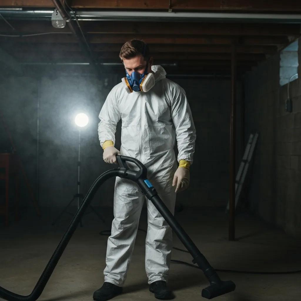 Professional conducting mold remediation in a basement with protective gear and HEPA vacuum