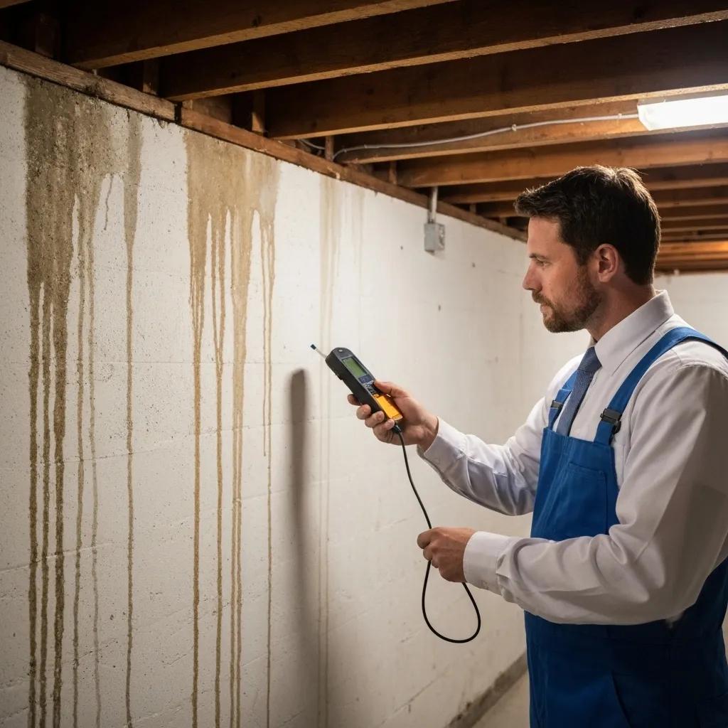 Professional inspecting basement moisture with visible water stains and efflorescence