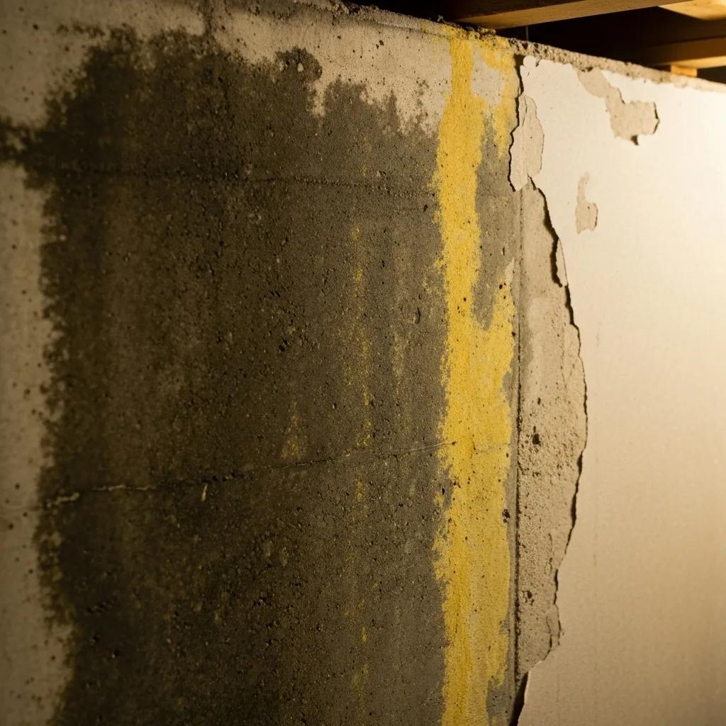 Close-up of visible water damage in a basement with dark patches and deteriorating drywall