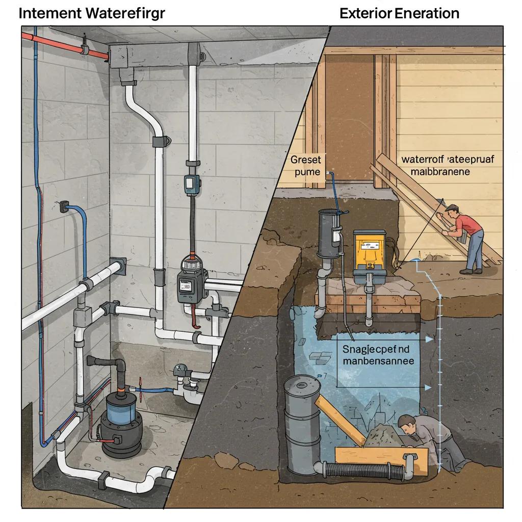 Comparison of interior and exterior basement waterproofing methods, showcasing drainage systems and excavation techniques