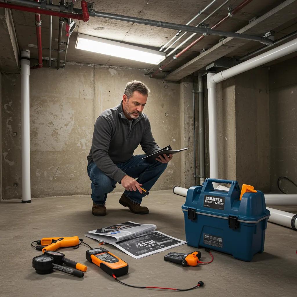 Professional contractor inspecting a basement for waterproofing solutions with tools and equipment