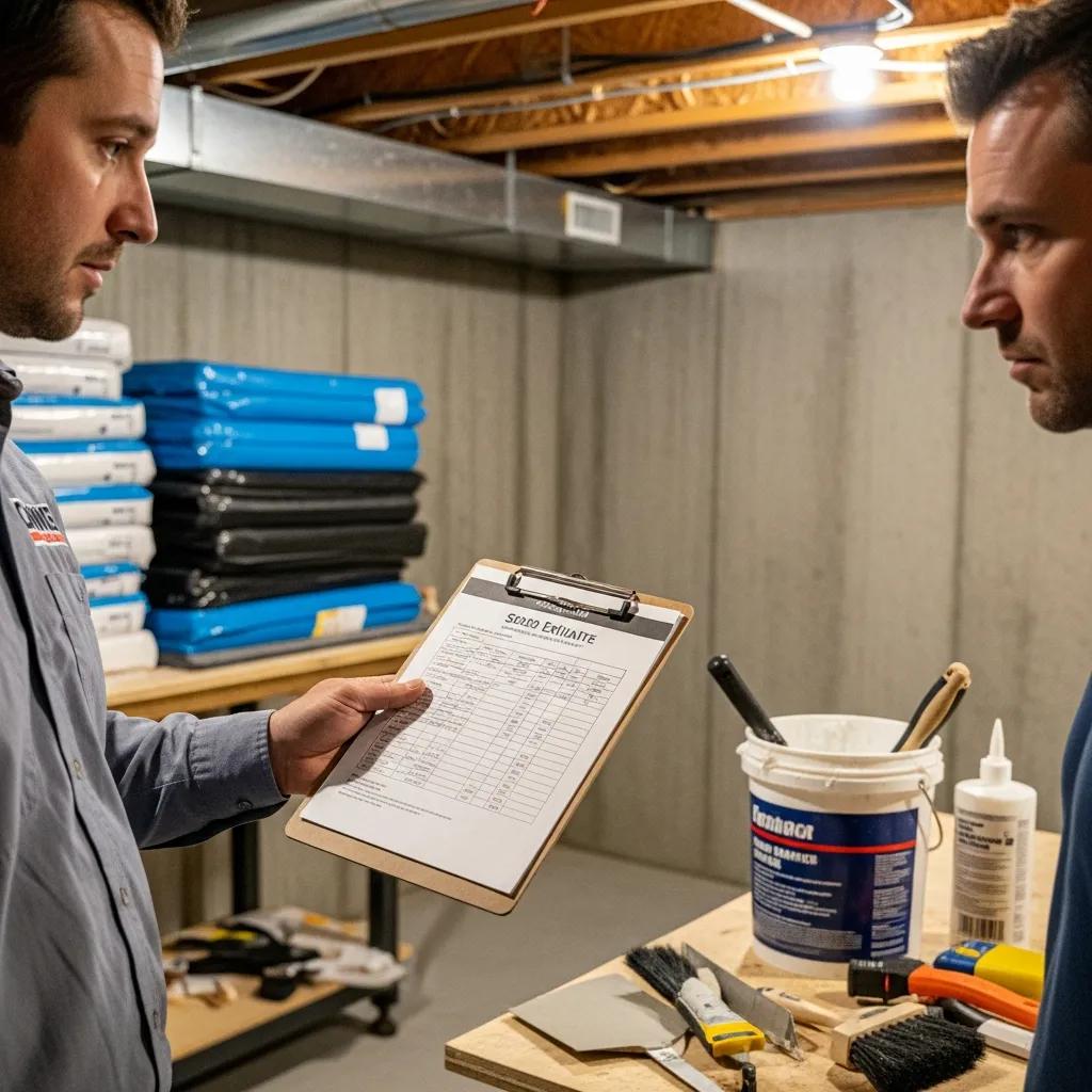 Contractor explaining a waterproofing estimate to a homeowner