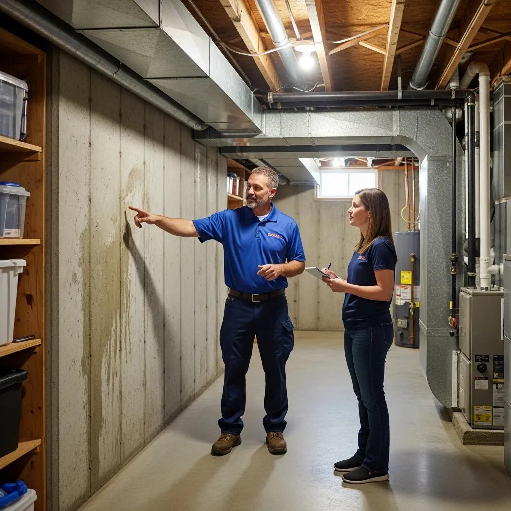 Experienced technician explaining waterproofing options to a homeowner in a basement
