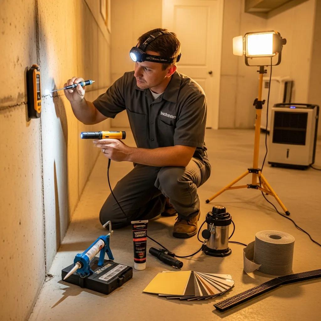 Technician inspecting a basement for waterproofing solutions with tools and equipment